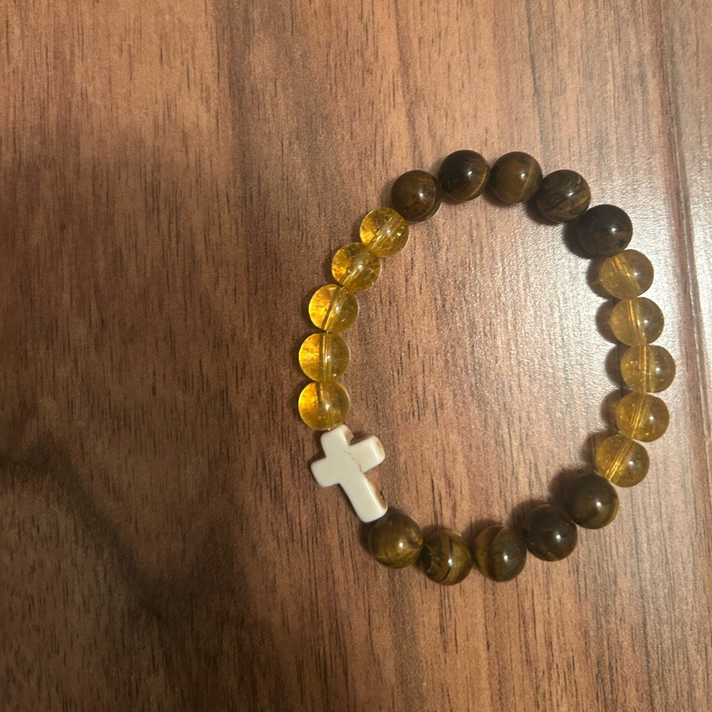 Tiger’e Eye and Citrine Beaded Bracelet with Cross Charm